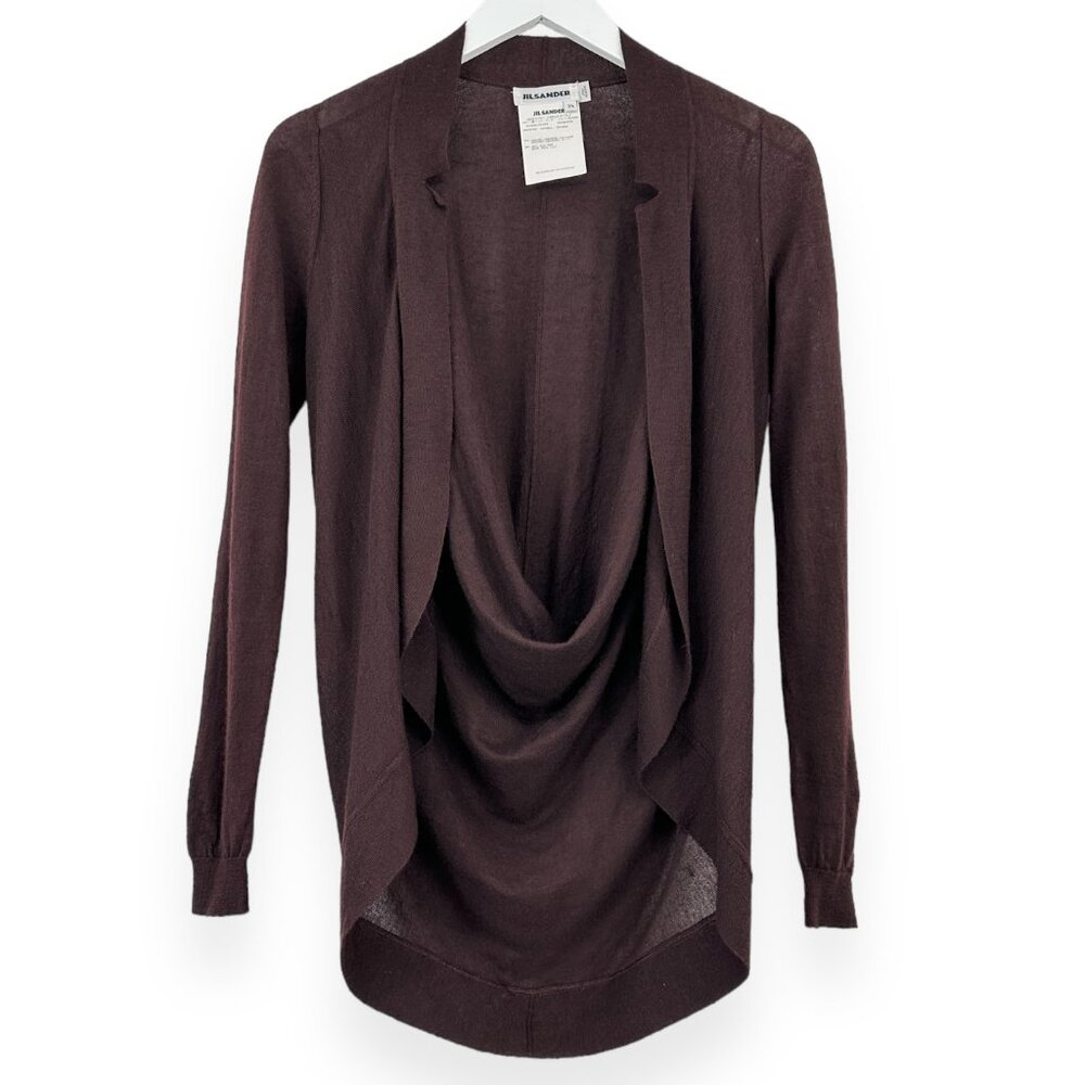 Jil Sander Brown Eggplant Purple Draped Back Cashmere Silk Open Cardigan Sweater